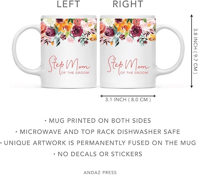 Andaz Press 11oz. Wedding Ceramic Coffee Tea Mug Gift, Fall Autumn Burgundy Orange Peach Flowers Roses Florals, Step Mom of the Groom, 1-Pack, Includes Gift Box