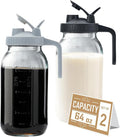 64oz Glass Pitcher with Lid - 2 Quart Mason Jar Pitcher with Spout, Leak-proof Milk Container for Refrigerator, Easy to Clean Wide Mouth Water Jug, Juice, Tea, Iced Coffee, Beverage and Drinks