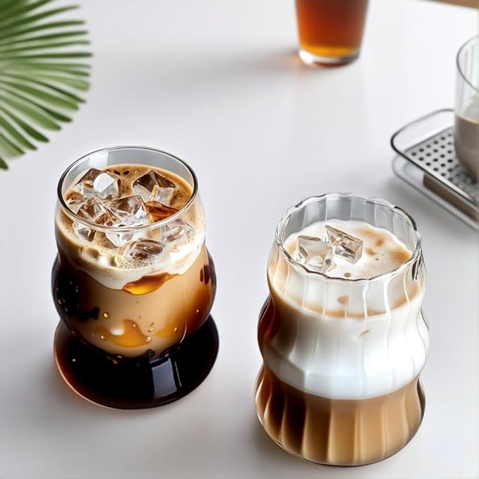 2 Pcs Ribbed Glass Cups, 18oz Vintage Ripple Drinking Glasses Glassware for Iced Coffee, Juice, Milk, Cocktails, Water, Cold Beverages