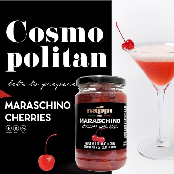 Nappi 1911, Maraschino Cocktail Cherries with Stem in Syrup, 13.76 oz (390 g) Jar, Product of Italy