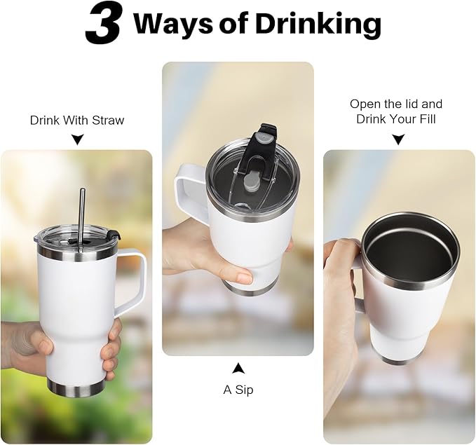 20 oz Tumbler with Handle, Stainless Steel Insulated Tumbler with Lid and Straw, Double Wall Vacuum Coffee Mug Tumbler, Insulated Coffee Thermal Cup for Cold and Hot (White)