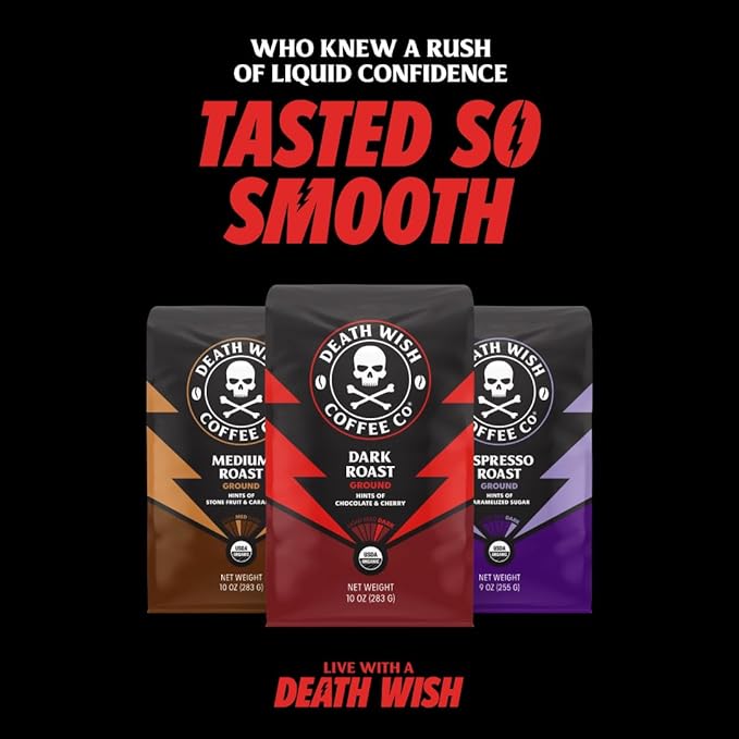 Death Wish Coffee, Organic and Fair Trade Medium Roast Ground Coffee, 16 Ounce (Pack of 1)