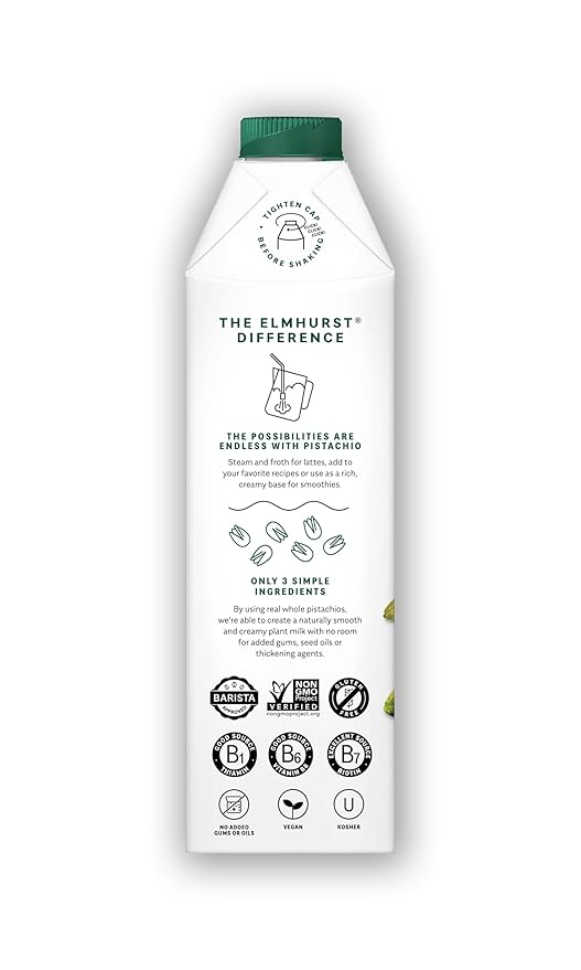 Elmhurst 1925 Pistachio Milk Unsweetened - 32 Ounce (Pack of 6) Dairy-Free, Gluten-Free, Vegan, Kosher, Shelf Stable Milk Made with Water & Pistachios for Healthier, Simpler Plant-Based Alternatives