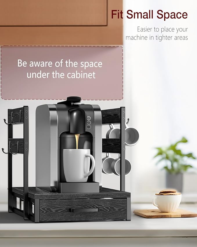 Coffee Pod Holder Compatible with Nespresso, Vertuo Pod Holder for 56 Small or 28 Large, Nespresso Capsule Organizer Drawer Coffee Maker Station with Cup Rack, Black