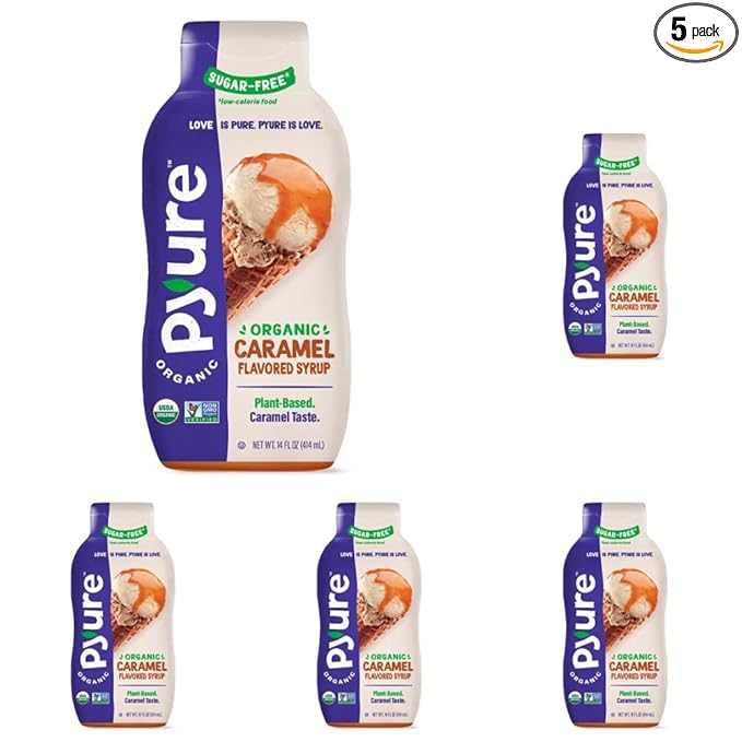 Pyure Organic Caramel Flavored Syrup, Zero Sugar, 1 Net Carb Keto Syrup, Gluten-Free, Organic Plant-Based Sugar Free Caramel Syrup for Vegan Keto Friendly Food, 14 Oz (Pack of 5)