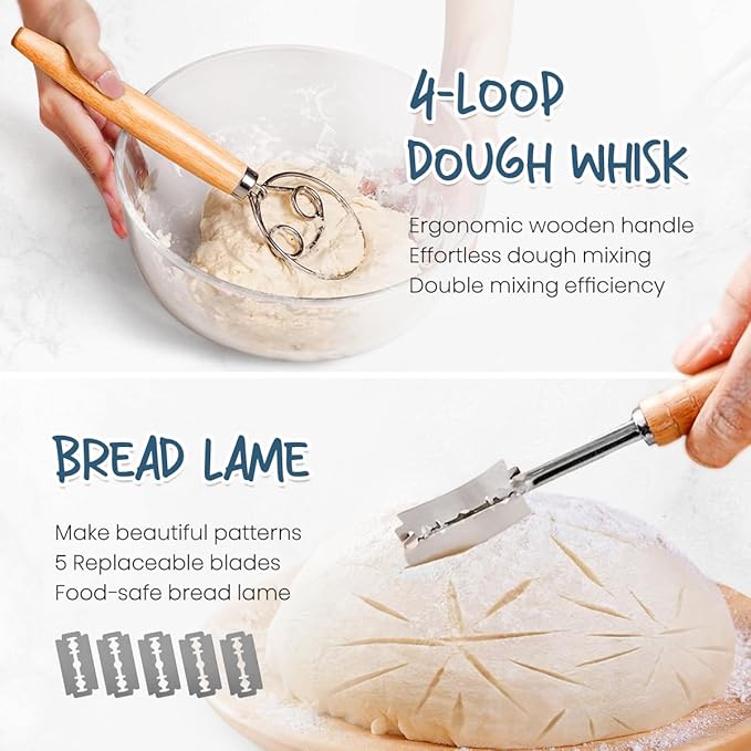 RORECAY Bread Banneton Proofing Basket Set, 9 Inch Round & 10 Inch Oval Cane Sourdough Baskets with Dough Whisk Bread Lame Dough Scraper Bowl Scraper Silicone Brush Sourdough Bread Baking Supplies