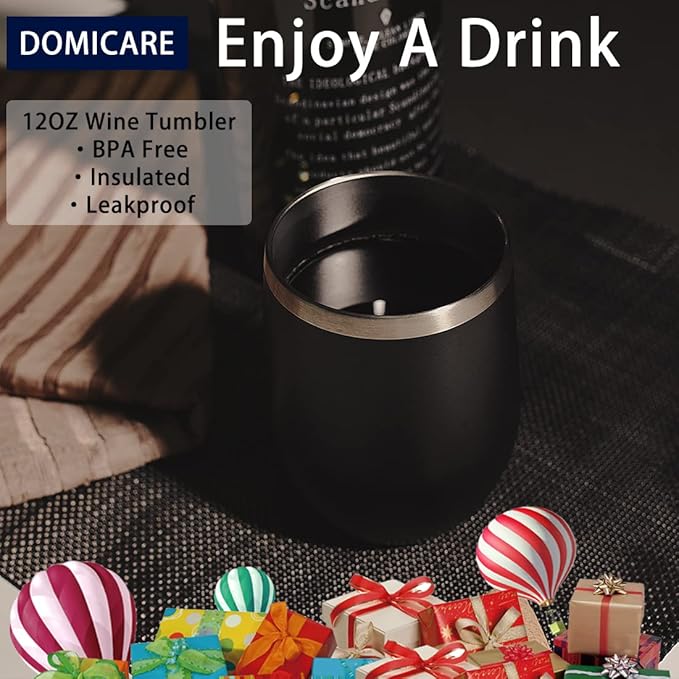 DOMICARE Stainless Steel Wine Tumbler Bulk with Lid, Personalized Insulated Tumblers Set, 12oz Travel Coffee Cups Pack of 12, Black