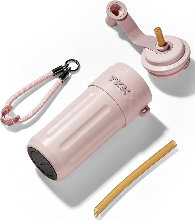 TKK 17 OZ Travel Tumbler Ceramic Lining with Straw Lid, Stainless Steel Vacuum Insulated Double Wall Coffee Tumbler, Leak Proof Iced Water Bottle with Carry Strap for Hot & Cold Drinks, Pink