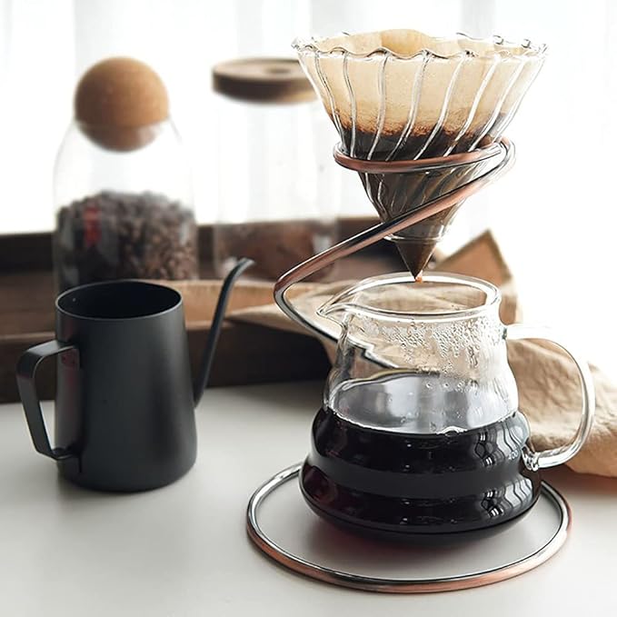 Pour Over Coffee Maker Set - Glass Dripper, Metal Stand, 600ml Heat-Resistant Server, 40 Filters - 4 in 1 for Home or Office (Bronze)