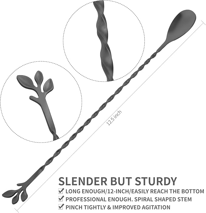 AnSaw Black 12-Inch Stainless Steel Cocktail Spoon with Leaf Handle - Perfect for Mixing & Layering Drinks in Tall Cups, Bar & Shakers - Durable Long Handle Bar Stirrer,2-Pieces