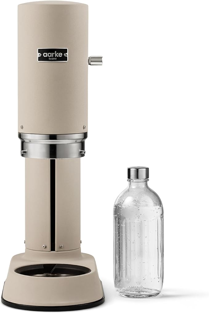 Aarke Carbonator Pro, Sparkling & Carbonation Water Machine, Stainless Steel with Glass Reusable Bottle Volume 800 mL/27 fl oz and CO2 Cylinder (Sand)
