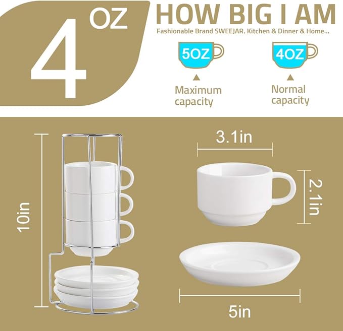 Sweejar Porcelain Espresso Cups with Saucers, 4 Ounce Stackable Cappuccino Cups with Metal Stand for Coffee Drinks, Latte, Tea - Set of 4 (Turquoise)