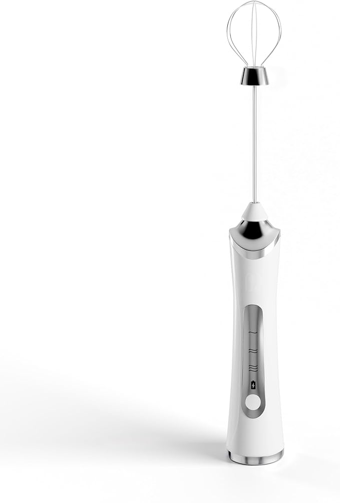 Rechargeable Handheld Milk Frother - Electric Foam Maker - Portable Coffee Frother Wand with 2 Heads - Stainless Steel Electric Whisk for Coffee, Latte, Cappuccino, Macchiato, Hot Chocolate (White)