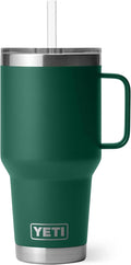 YETI Rambler 35 oz Tumbler with Handle and Straw Lid, Travel Mug Water Tumbler, Vacuum Insulated Cup with Handle, Stainless Steel, Black Forest Green