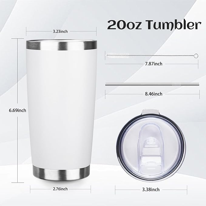 20oz Tumbler Bulk with Lid and Straw, Stainless Steel Double Wall Vacuum Insulated Travel Mug, Powder Coated Coffee Cups for Hot and Cold Drinks,Funny Gifts for Women Men(White,4)