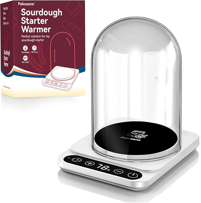 Gift Set – Sourdough Starter Warmer with Glass Dome, Precise 1°F Control (70–100°F), 12-Hour Timer, Auto On/Off, Ideal Fermentation Temperature for Sourdough Starter, White Kit Giftset-WHT