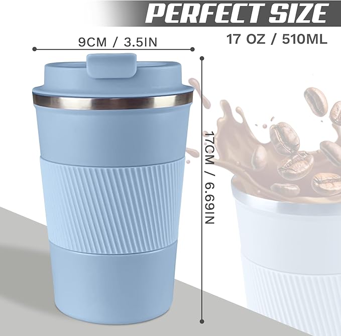 Vacuum-Insulated Stainless Steel Travel Coffee Mug, Leak-Proof Reusable Coffee Cup with Lid - Keep Hot & Cold Drinks for Hours, Durable Thermos Tumbler for Men & Women (3rd-Light Blue, 17OZ)