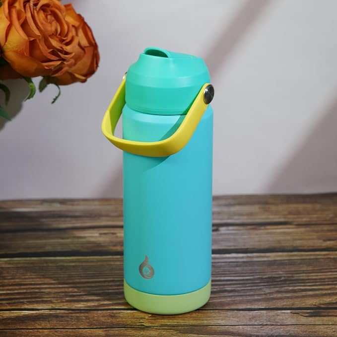 BJPKPK Insulated Water Bottle with Straw Lid, 18oz Thermos Water Bottles, Flex Handle & Non-slip Boot, BPA Free Leak Proof Stainless Steel Metal Thermos, Tumblers, Cups,Twilight Blue
