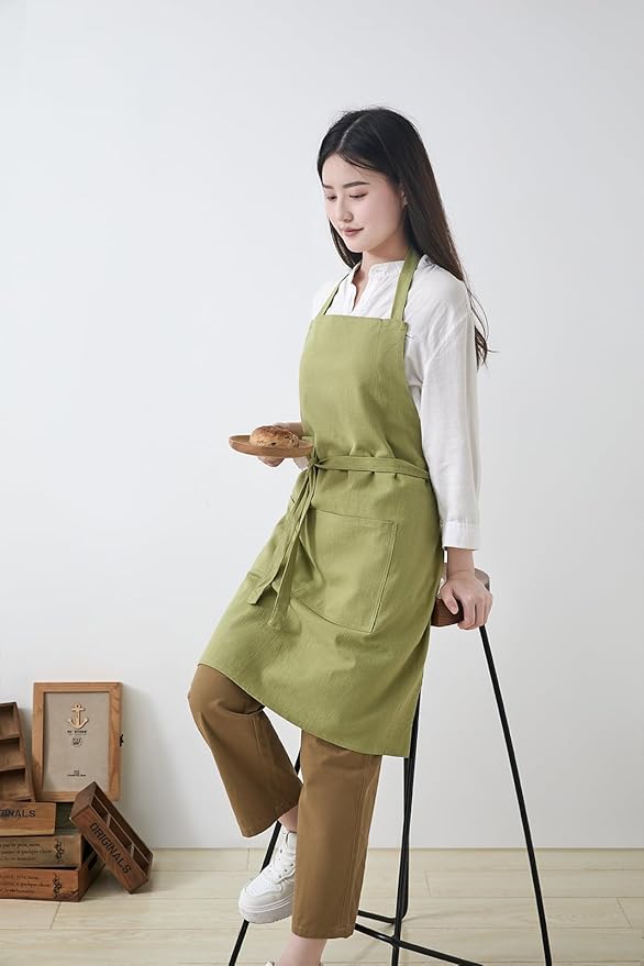 Cotton Linen Apron for Women - Adjustable Casual Apron with Pocktes, Great for Florist, Coffee House and Kitchen