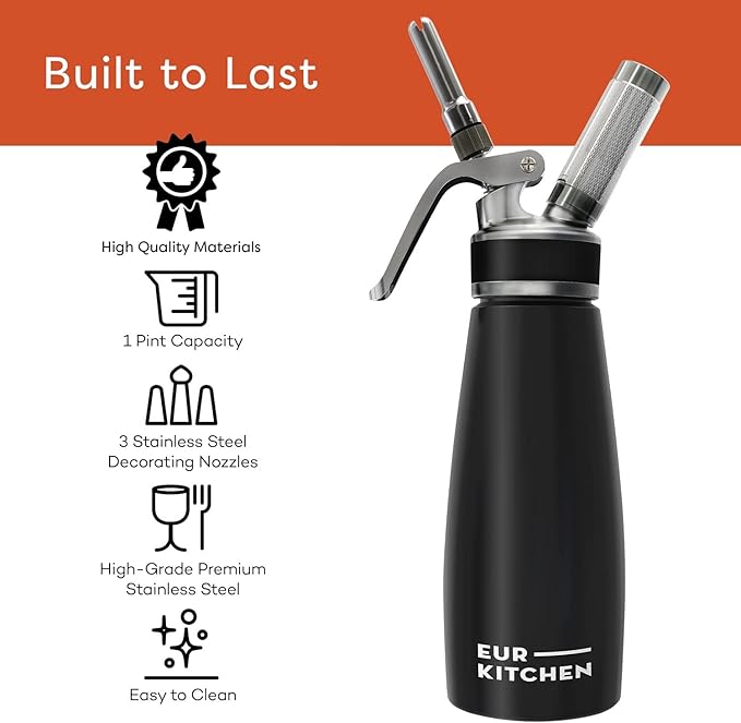 EurKitchen Stainless Steel Professional Whipped Cream Dispenser - Leak-Free Whip Cream Maker Canister - 3 Decorating Nozzles & Cleaning Brush - 1Pint /500 ML Cream Whipper - N2O Charger (Not Included)