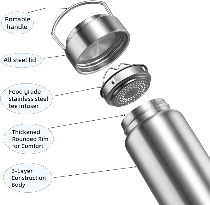 Vacuum Insulated Stainless Steel Water Bottle with Tea Infuser - Wide Mouth,BPA-Free, Leak- Proof,Keeps Cold 24H/ Hot 12H- Ideal for Travel,Office, Gym (12oz)