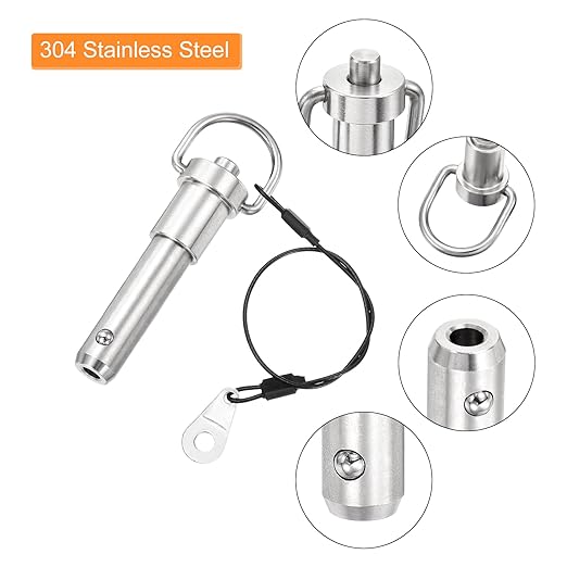 uxcell 1 Pcs Quick Release Pin, 1/2" x 2"(Dia. x L) Push-Button Ball Locking Pin 304 Stainless Steel Ring Handle Locking Pin with Wire for Audio Bimini Top Marine, Silver