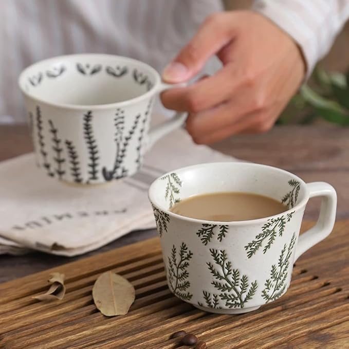 Ceramic Mug Set of 1 With Gold Spoon, 11oz - Vintage Coffee Mug, Pottery Cups for Milk, Latte, Cappuccino, Tea - Porcelain Dishwasher, Microwave Safe Stoneware Green Leaf