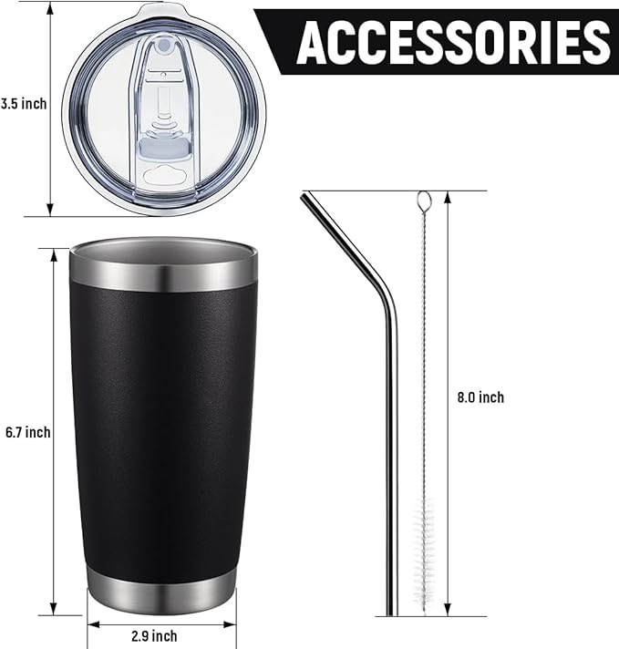 COMOOO 20oz Double Wall Vacuum Insulated Travel Mug, Stainless Steel Tumbler with Lid and Straw Durable Powder Coated Insulated Coffee Cup for Cold & Hot Drinks (Black. 2 pack
