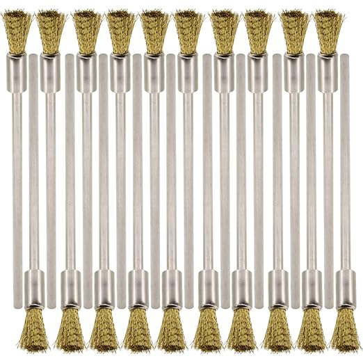 20PCS Brass Wire Brushes with Extended Handle - Metal Rust Removal, Polishing, Cleaning - 6mm Diameter, 1/8″ (3mm) Shaft, 100mm Length - Removes Burrs, Dust, and Oxide Layer - Rotary Tool Accessories