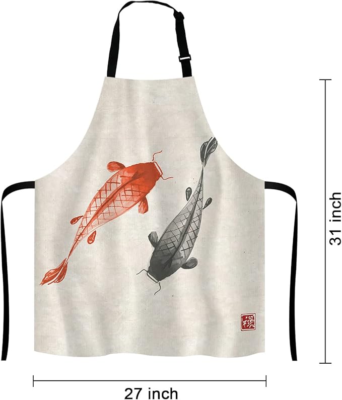 Red and black hand drawn with ink in traditional Japanese Adjustable Bib Apron Kitchen Cooking Baking Gardening Apron for Women Men