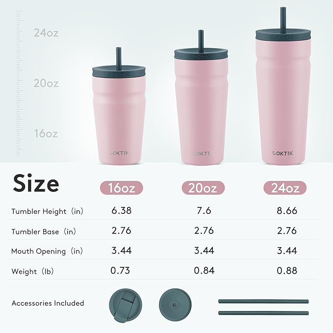 COKTIK 16oz Insulated Tumbler with Lid and Straw 2 Lids (Straw/Flip) Iced Coffee Cup Reusable Stainless Steel Travel Mug Water Bottle Cupholder Friendly for Women Men Her Him (Blush)