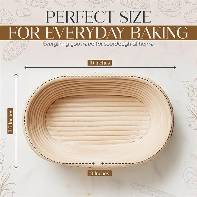 Premium Banneton Bread Proofing Basket - 9 Inch Oval Sourdough Banneton Basket With Built in Wooden Leaf and Wheat Stamp, Brush & Storage Bag - Sourdough Bread Baking Supplies