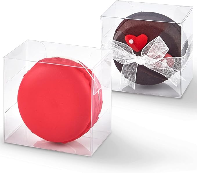 100pcs Clear Single Chocolate Covered Cookies Macaron Box for Wedding Favors Baby Shower 2.17"×2.17"×1.38" Inch, Party Favor Box with Ribbons for Candy Chocolate Mooncake
