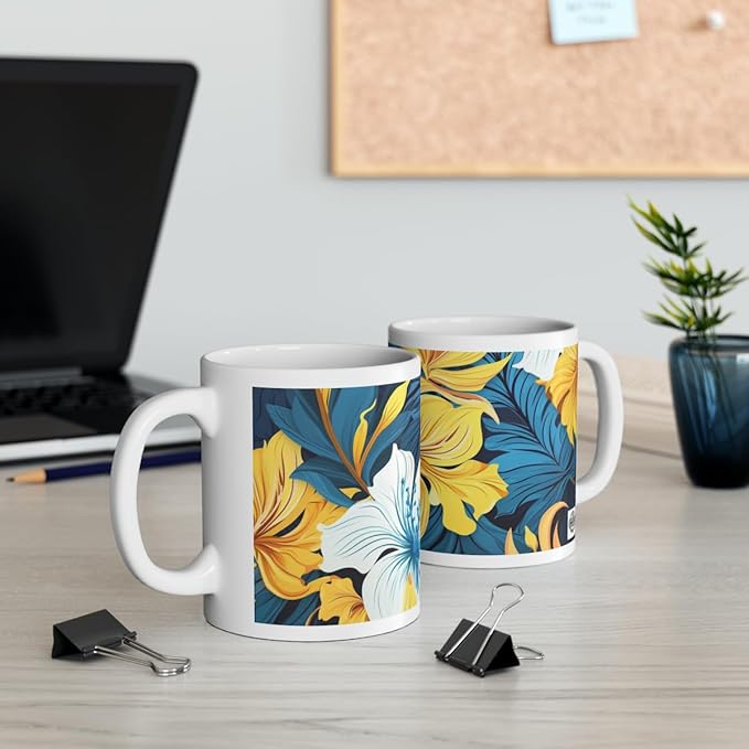 11 OZ Novelty Coffee Mugs - Christmas Gift (White & Yellow Flower Mug)