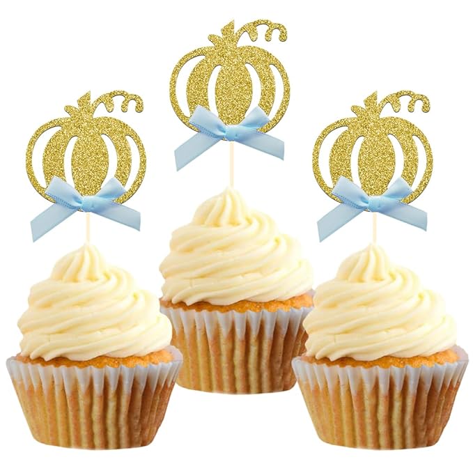 24pcs Pumpkin Cupcake Toppers, Fall Theme Cake Decoration for Baby Shower Party Supplies (Blue Bow)