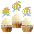 24pcs Pumpkin Cupcake Toppers, Fall Theme Cake Decoration for Baby Shower Party Supplies (Blue Bow)