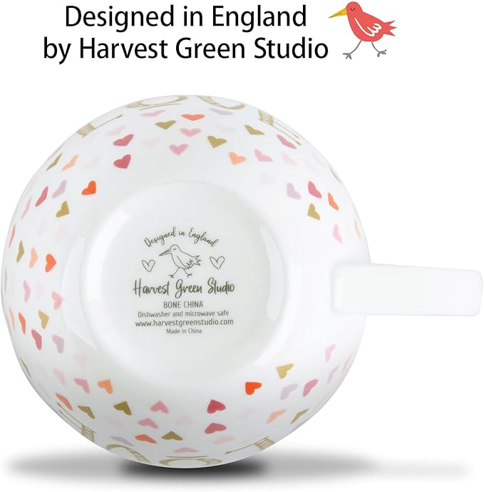 LOVE Mug with Hearts for Daily Coffee and Tea, Premium 20 oz Bone China Coffee Tea Hug Mug, Perfect Holiday, Valentine’s, and Birthday Gift for Loved Ones, Designed in England by Harvest Green Studio