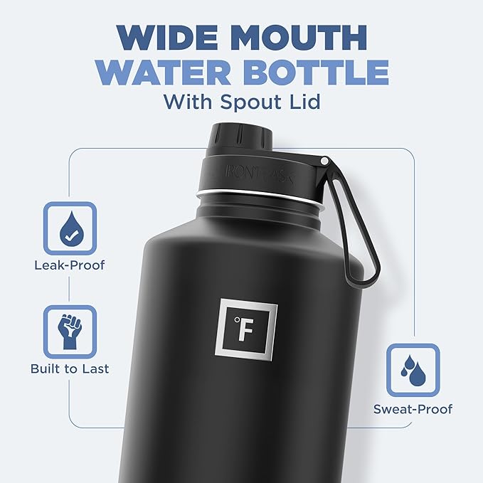 IRON °FLASK Camping & Hiking Hydration Flask with 3 Lids - Stainless Steel, Double Walled & Vacuum Insulated Water Bottle - Leak Proof & BPA Free (Day & Night, Spout - 64 oz)