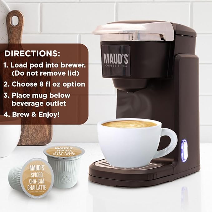 Maud's Chai Tea Latte Pods, 18 ct, Recyclable Single Serve Tea Pods - 100% Gourmet Blended Tea Leaves, Compatible with Keurig K Cups Maker