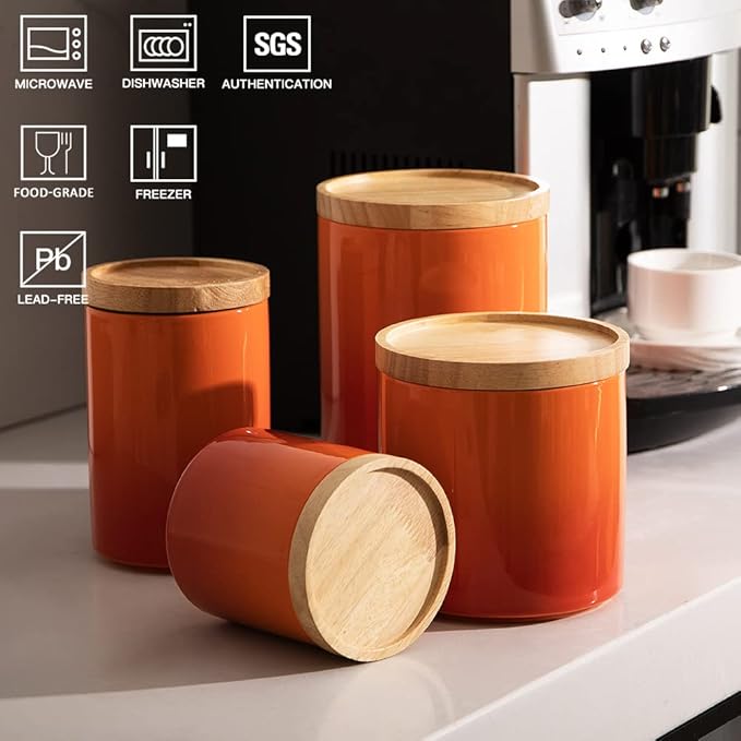 Sweejar Ceramic Food Storage Jar, Stackable Kitchen Canisters, Containers with Airtight Seal Wooden Lid for Serving Ground Coffee, Tea, Sugar, Salt and More - 28 Fl Oz (Gradient Orange)