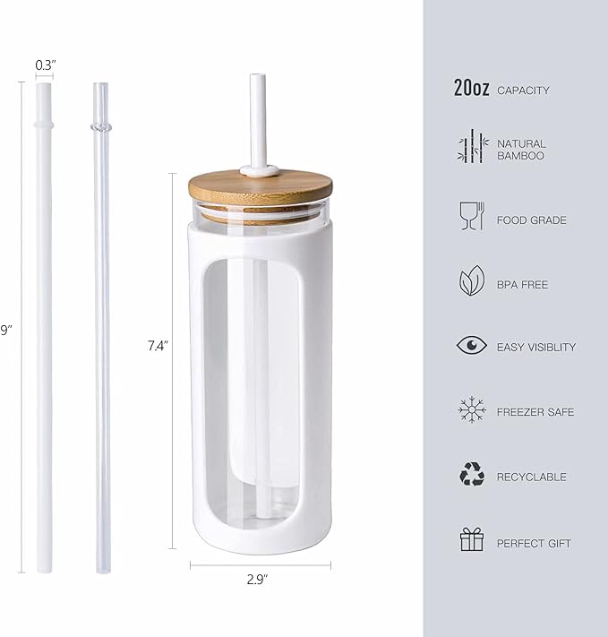 Kodrine 20oz Glass Tumbler with Straw and Lid, Bamboo Lids Water Bottle, Reusable Iced Coffee Cups, Wide Mouth Smoothie Cup with Protective Silicone Sleeve BPA FREE-White+Pink-2pack