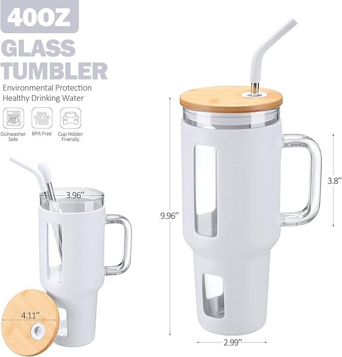 Kodrine 40 oz Glass Tumbler with Handle, Iced Coffee Tumbler with Straw and Bamboo Lid, Glass Drinking Cup with Silicone Sleeve Time Marker, Water Bottle Dishwasher Safe, Cup Holder Friendly, White