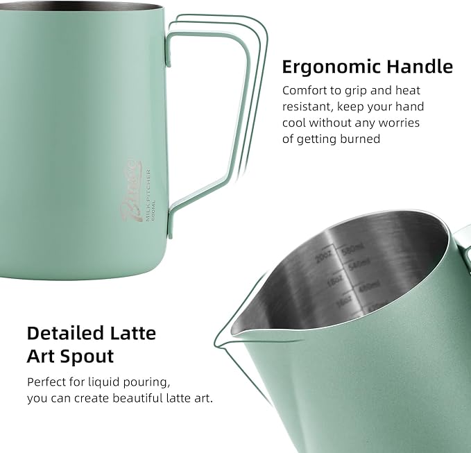 Milk Frothing Pitcher - 600ml/20oz Milk Frother Cup Espresso Steaming Pitcher for Barista, Bincoo SUS304 Stainless Steel Espresso Steaming Pitchers for Latte Art/Cappuccino/Coffee/Milk (Green-600ml)