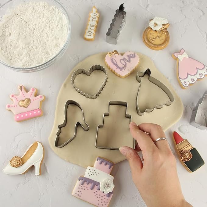 12 Wedding Cookie Cutters Shapes Set for Baking Including Bride and Groom Diamond Ring Wedding Cake Candle Wedding Dress Champagne Glasses Lipstick Heels Etc.