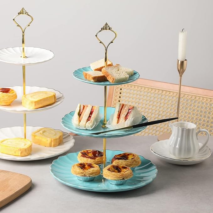 Sweejar 3 Tier Ceramic Cake Stand Wedding, Dessert Cupcake Stand for Tea Party Serving Platter (Turquoise)