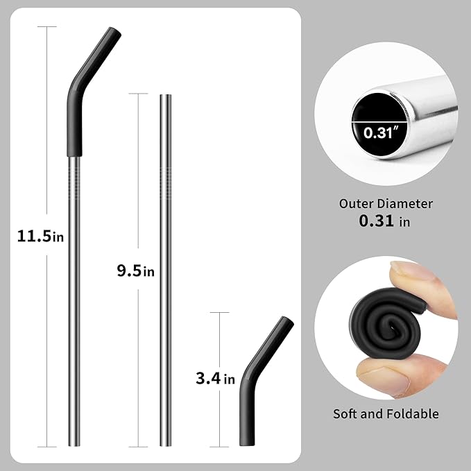 Metal Straws for 30 oz Yeti Tumbler, 5 Pcs Reusable Stainless Steel Straws with Silicone Tip for BJPKPK, RTIC, WETOWETO, Beast 30 oz Tumbler, Cleaning Brush, 1 Portable Bag
