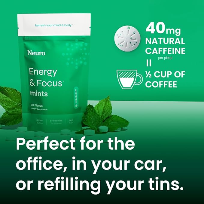 Neuro Energy & Focus Mints - Sugar Free Breath Mints with 80mg Natural Caffeine, B Vitamins & L-Theanine - Vegan Brain Supplement for Exercise, Study & Daily Focus - Spearmint, 72 ct