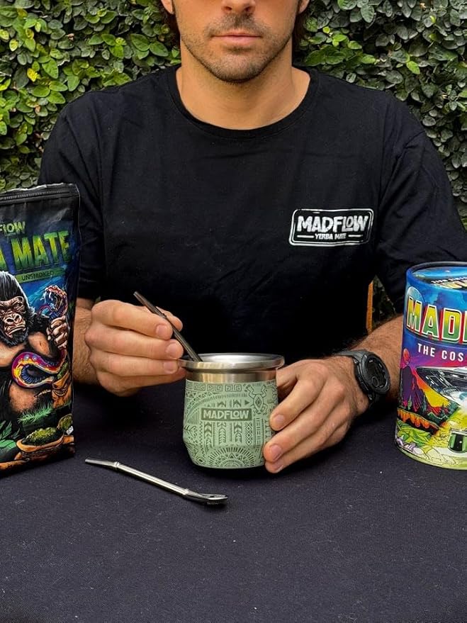 MADFLOW Yerba Mate Cup. Stainless Steel Mate Cup with 2 Bombillas. Double Wall Vacuum Insulated Yerba Mate Gourd. Unique Mate Cup And Bombilla Set