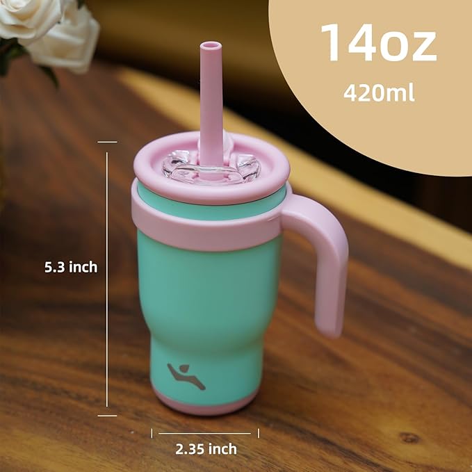 14 oz Tumbler with Side Handle, Insulated Water Bottle with Straw and 2 in 1 Lid, Stainless Steel Cup Travel Coffee Mug for Sports Office Gym,Olive Green