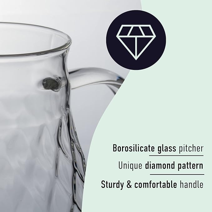 Glass Pitcher with Lid and Spout - 2 Liter / 68 oz, Borosilicate Glass w/Handle - Carafe for Hot/Cold Beverages - Water Jug - Iced Tea Pitcher - Juice Server - by PJC-Kitchen